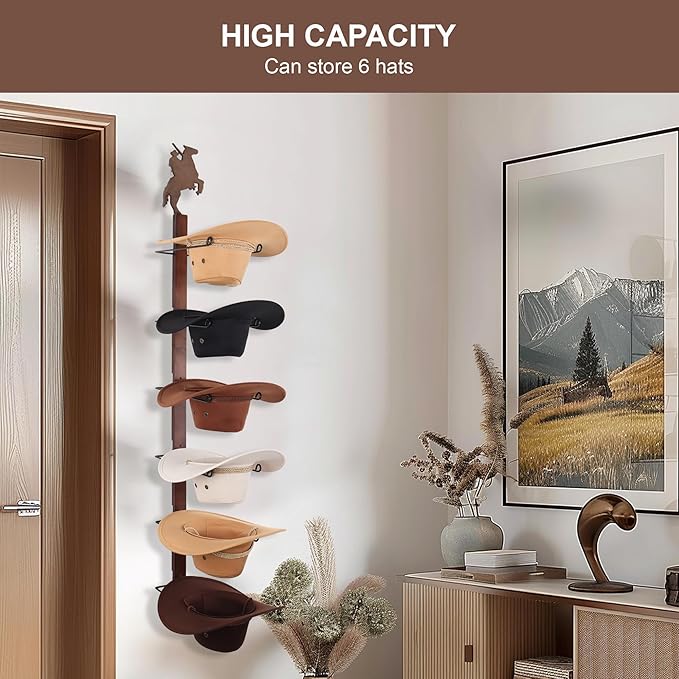 Cowboy Hat Rack Holder for Wall - Wild Western Style Design Hat Organizer with 6 Hat Hooks for Wall Mount, Hat Stand and Hanger for Storage and Organization，Gifts for Men Fathers Dad