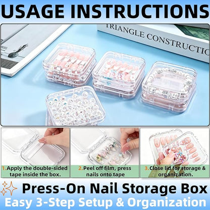 12 Pcs Clear Acrylic Press on Nail Storage Box with 30 Pcs Adhesive Double Sided Tape, Transparent Fake Nail Organizer Display Case for Nail Salon, Home, Travel & Nail Art Packaging