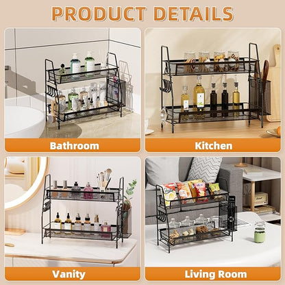VITVITI 2-Tier Bathroom Organizer Countertop, Metal Wire Mesh Bathroom Counter Organizer Storage with Basket Hooks, Vanity Tray Shelf, Kitchen Spice Rack, Black