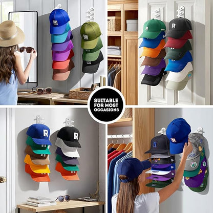 Hat Hook for Wall, 2 Pack Hat Organizer Hold up to 20 Hats,Hat Holder with Strong Adhesive and 8 Pack Screws, Cap Holder Hat Hangers for Wall Closet Door and Bedroom(B-white)