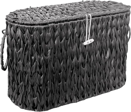 Coeusy Black Toilet Paper Basket with Lid,Wicker Toilet Paper Storage Stand,Large Narrow Bathroom Towel Basket Mega Roll Container Bin for Toilet Tank,Floor