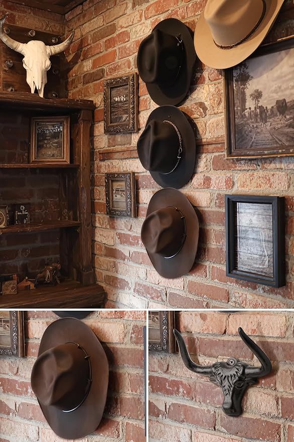 Cowboy Hat Hook for Wall 2 Pack Cast Iron Cowboy Hat Hanger Metal Hat Holder Cowgirl Hat Rack Vintage Western Wall Decor Longhorn Hooks for Hat Storage and Organization Cow Decor Western Gift Rust