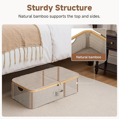 StorageWorks Underbed Storage Containers with Lids, 2-Pack 7" Low Profile Under Bed Storage Box with Bamboo Frame for Clothes, Bedding, Blankets and Shoes, 42L Sturdy Fabric Organizer, Taupe