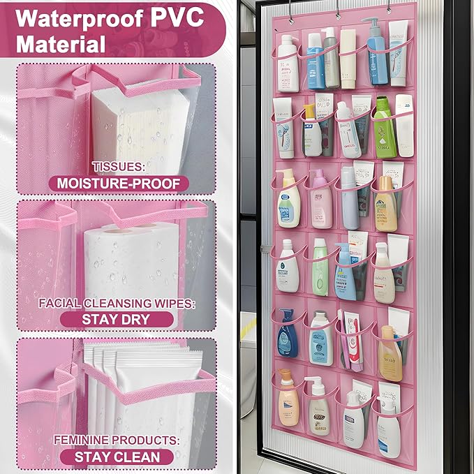 Over-the-Door Kids Shoe Organizer, Pink Shoe Rack for Door, 24 Crystal Clear Pockets, Heavy-Duty Hanging Organizer, 3 Metal Hooks for Toddler Shoes