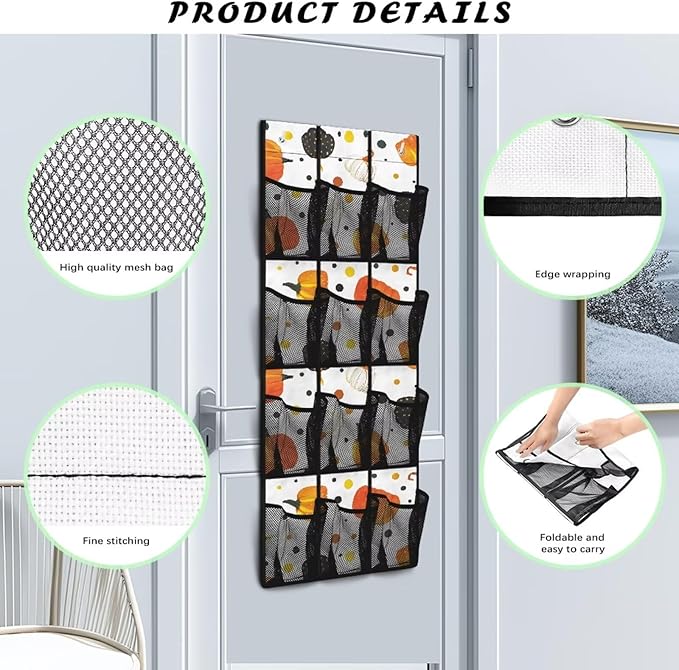 Pumpkin Door Hanging Shoe Organizer for Thanksgiving Day Home Decor Mesh Fabric Shoe Organizer Over The Door for Living Room,4 Metal Hook with 12 Pockets