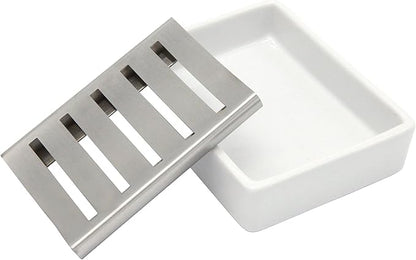Ceramic Soap Dish Stainless Steel Soap Holder for Bathroom and Shower Double Layer Draining Soap Box