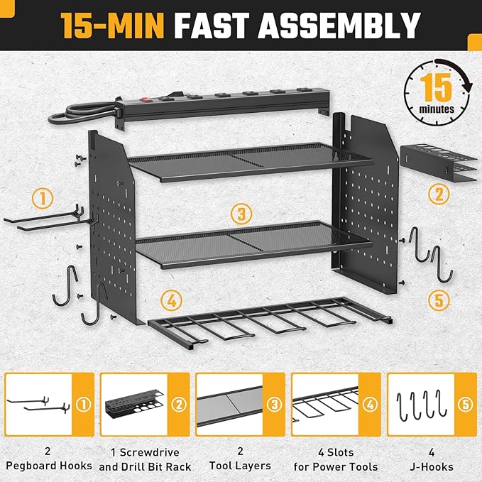 ZESEN Power Tool Organizer Wall Mount, 3 Layer Charging Station with 6 Outlets, 4 Drill Holders and Drill Bit Rack, Tool Holder Storage Shelf Rack for Garage, Workbench and Workshop, Black