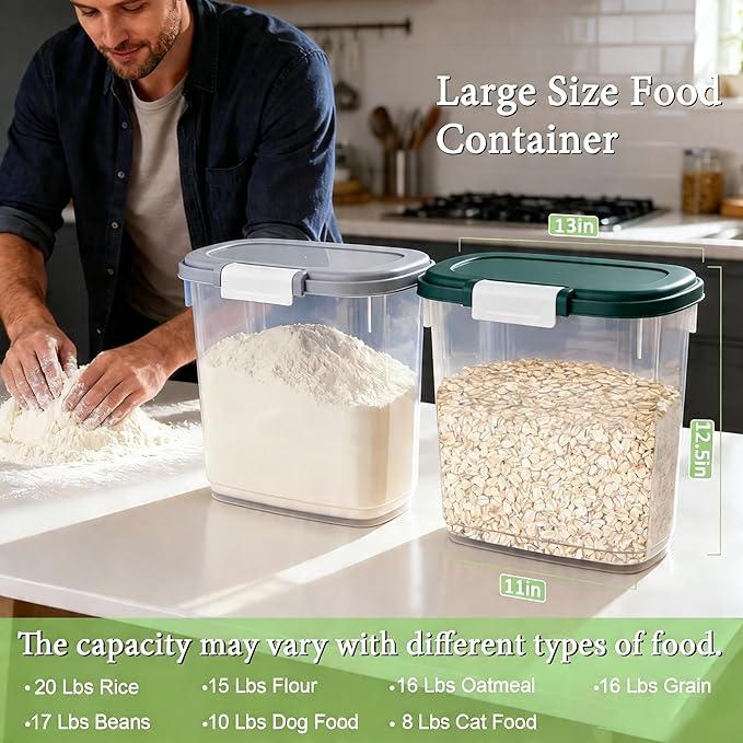 Dark Green Rice Storage Container 15-20 Lbs, Large Tall Flour Container with Lid + Scoop + Cup - Slim Dry Food Storage Bin for Cereal, Sugar, Beans, Pet Foods - Kitchen and Pantry Storage Organization