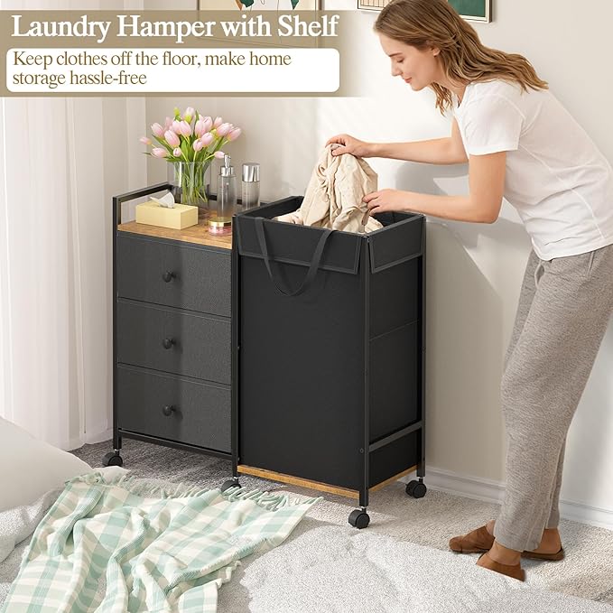 Laundry Hamper with Wheels, Laundry Sorter with Shelf and 3 Drawers, Total Capacity 123L/32.5 Gal (3 Drawers+Bags), Laundry Cabinet with Fabric Detachable Bags, Clothes Hampers for Bedroom Bathroom