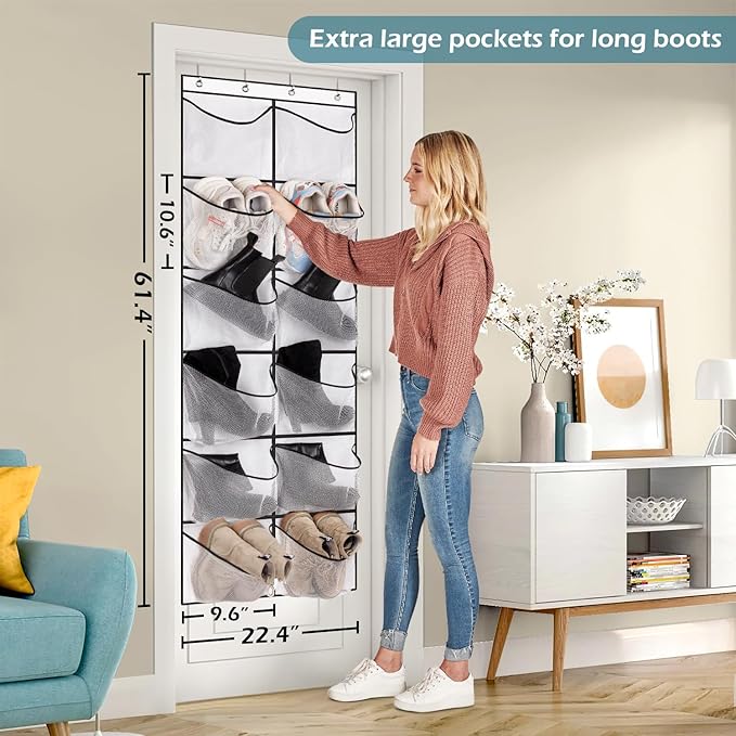 KIMBORA 2 Packs Narrow Over the Door Shoe Organizer and 12 Large Mesh Pockets Hanging Storage White