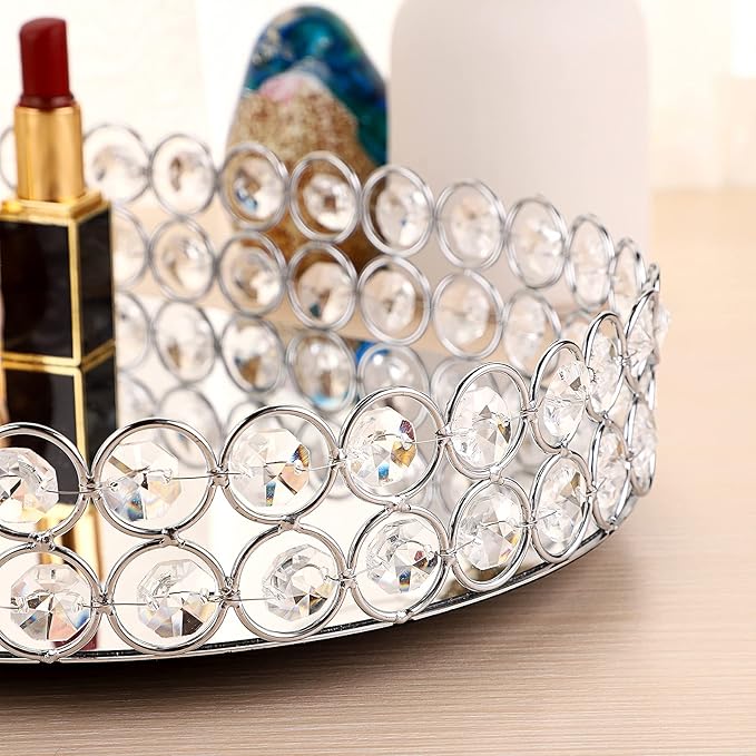 Hipiwe Crystal Vanity Tray Mirrored Dresser Perfume Trays for Makeup Tray Cosmetic Skin Care Storage, Jewelry Trinket Organizer Tray for Bathroom Countertop Home Decor (Medium, Silver)