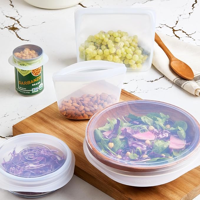 Stasher Silicone Reusable Storage Bags & Stretch Lids, 10-Pack Starter Kit, Reusable Freezer Bags, Microwave, Dishwasher, Oven Safe, Sous Vide, Lunch Containers, Eco Friendly, Food Storage Bags, Clear | Reusable Food Bags