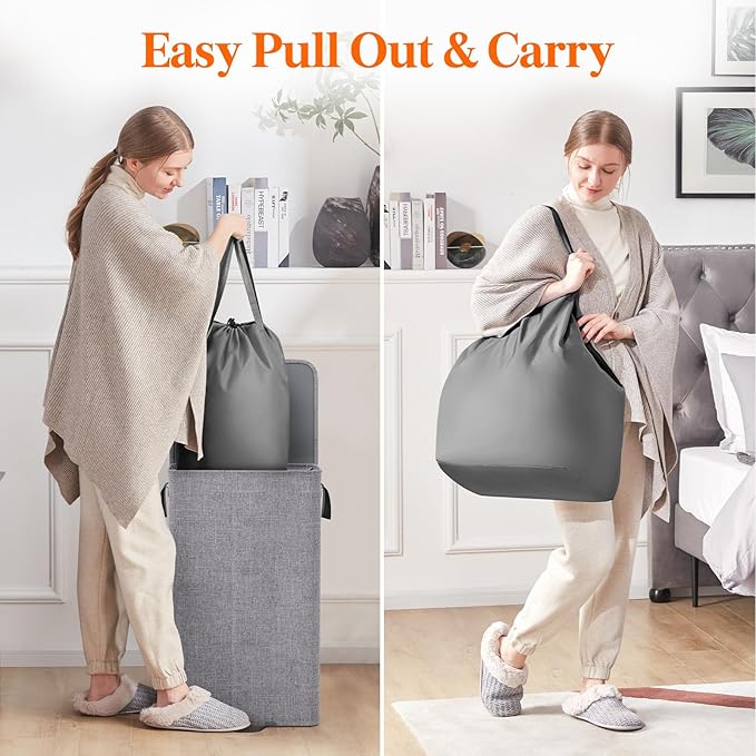 Lifewit Single Laundry Hamper with Lid and Removable Laundry Bags, Large Collapsible 1 Dividers Dirty Clothes Basket with Handles for Bedroom Laundry Room Closet Bathroom College, 100L Gray