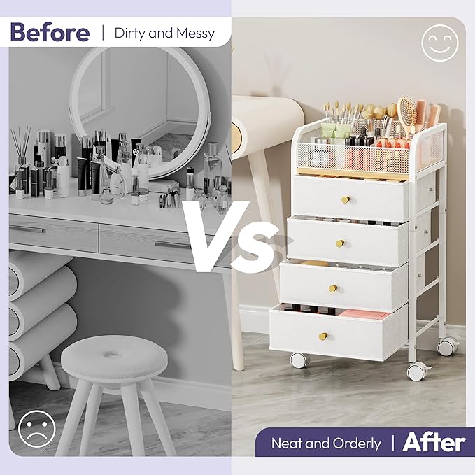 SWTYMIKI Rolling Makeup Organizer Cart - 14.96″*11.81″*27.55″ Widened Under Desk Vanity Storage with 4 Non-woven Drawers, Cosmetic Display Cases for Skin Care Perfume Nail Polish Brush Hair Tool White