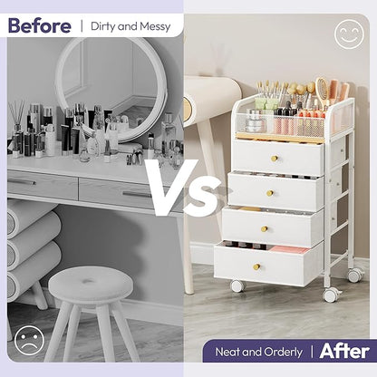 SWTYMIKI Rolling Makeup Organizer Cart - 14.96″*11.81″*27.55″ Widened Under Desk Vanity Storage with 4 Non-woven Drawers, Cosmetic Display Cases for Skin Care Perfume Nail Polish Brush Hair Tool White