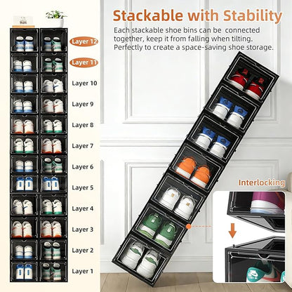 KEFA XL Shoe Storage Box Organizer, 8 Pack Shoe Boxes Clear Plastic Stackable, Sneaker Display Case Container Fit for US 15 (Drop 8 PACK BLACK)