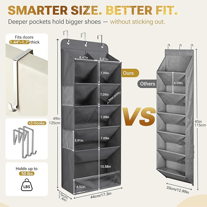 HOMELUX THEORY 6 Tiers Over The Door Shoe Organizer - 100D Extra Thick Deep Pockets Shoe Rack for Closet, 4 Side Pockets Shoe Rack for Entryway & Hanging Shoe Organizer for Closet (V1, Light Gray)