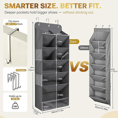 HOMELUX THEORY 6 Tiers Over The Door Shoe Organizer - 100D Extra Thick Deep Pockets Shoe Rack for Closet, 4 Side Pockets Shoe Rack for Entryway & Hanging Shoe Organizer for Closet (V1, Light Gray)
