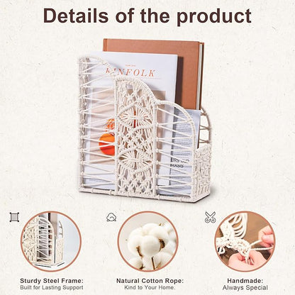 BROWNLILY Macrame Magazine Holder - Unique Handwoven Basket for Books & Home Decor, Exclusive Cotton Rope Weaving Art, Single Piece