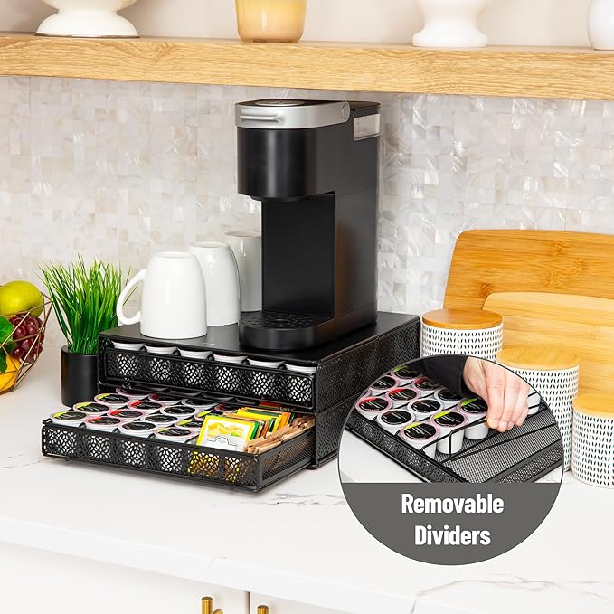 Mind Reader 2 Drawer Coffee Pod Organizer with Removable Dividers, 72 Pod Capacity, Metal Mesh Coffee Station Base with Guided Drawer Track, Black