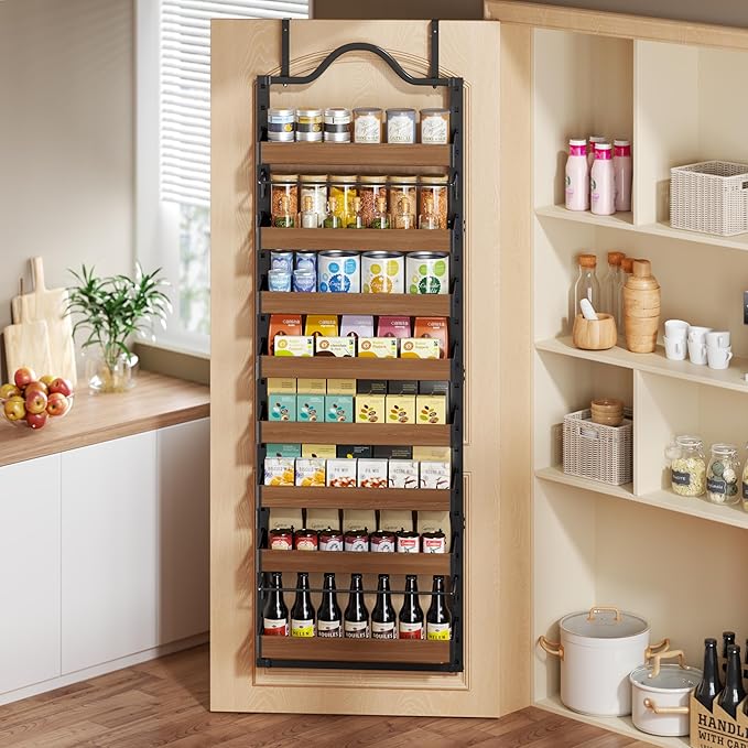 8-Tier Spice Rack Wall Mount, Heavy-Duty Over the Door Pantry Organizer with Wooden Adjustable Basket, 2 IN 1 Wall Mount or Hanging Pantry Door Organizer,Door Spice Rack for Pantry, Black