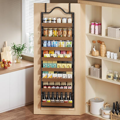 8-Tier Spice Rack Wall Mount, Heavy-Duty Over the Door Pantry Organizer with Wooden Adjustable Basket, 2 IN 1 Wall Mount or Hanging Pantry Door Organizer,Door Spice Rack for Pantry, Black