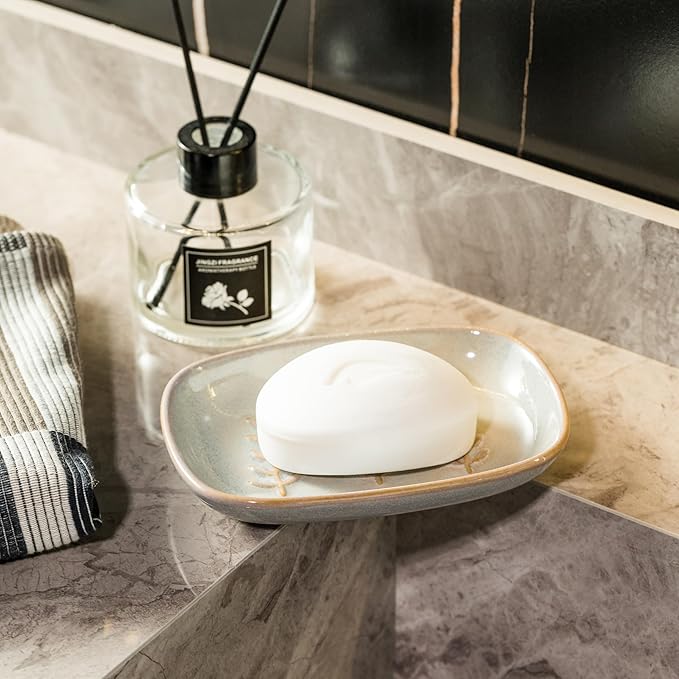 Miamolo Ceramic Soap Dish Soap Holder, Soap Lift for Bar Soap Sponge, Shower Soap Dishes for Bathroom Kitchen Counter Soap Saver Tray Keep Dry, Dishwasher Safe