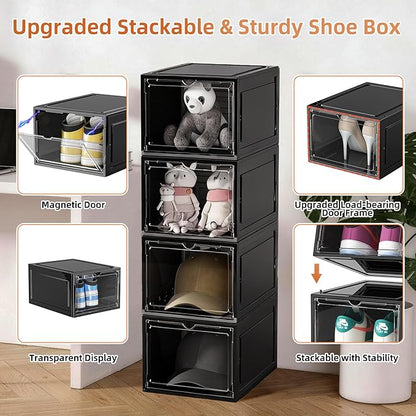 KEFA XL Shoe Storage Box Organizer, 8 Pack Shoe Boxes Clear Plastic Stackable, Sneaker Display Case Container Fit for US 15 (Drop 8 PACK BLACK)