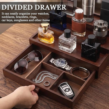 Wooden Cologne Organizer for Men 3 Tier Perfume Stand Organizer with Drawer and Hidden Compartment Cologne Display Riser Shelf Holder for Dresser Figures Fragrances Skincare Makeup Storage (Brown)