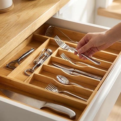 Expandable Bamboo Silverware Drawer Organizer - 20" Extra Wide Cutlery Tray with 9 Deep Compartments - 17.3" Length Large Utensil Holder & Kitchen Drawer Divider (Natural)