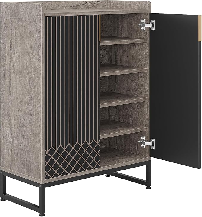 LITTLE TREE Shoe Cabinet for Entryway, 5-Tier Shoe Cabinet with Doors, Modern Shoe Storage Cabinet, Gray Wooden Shoe Cabinets with Black Metal Legs for Living Room, Bedroom