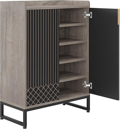 LITTLE TREE Shoe Cabinet for Entryway, 5-Tier Shoe Cabinet with Doors, Modern Shoe Storage Cabinet, Gray Wooden Shoe Cabinets with Black Metal Legs for Living Room, Bedroom
