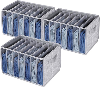 Zilink Upgraded Wardrobe Clothes Organizer with Support Board Clear Pants Organizer for Closet with 7 Grids Storage Bin with Dividers for Jean Pant Sweater Legging T-Shirt, 3 Pack