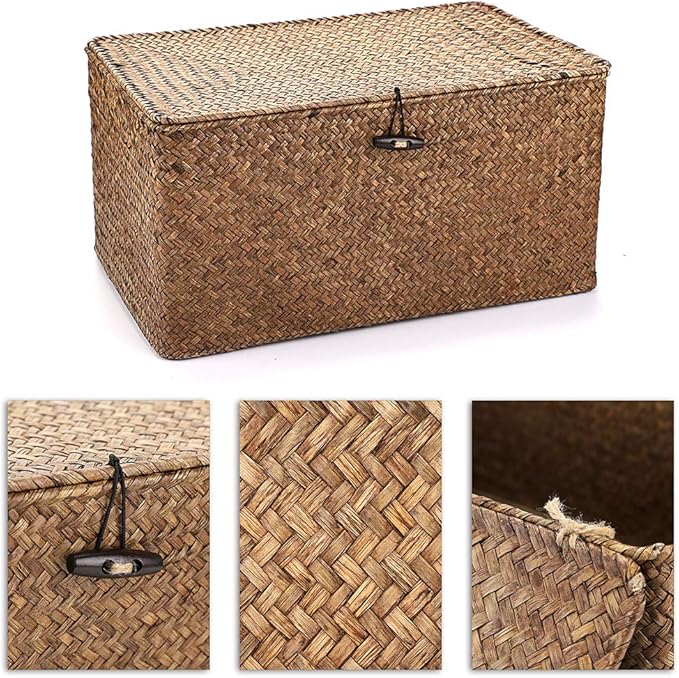 Hipiwe Set of 3 Natural Seagrass Storage Baskets with Lid - Large Handwoven Wicker Storage Bins Rectangular Household Organizer Boxes Shelf Wardrobe Organizer, Coffee