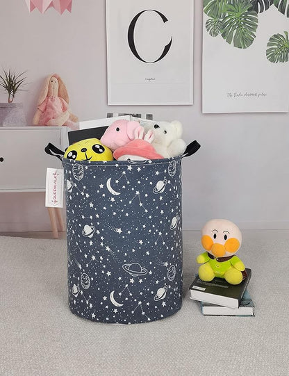 QUEENLALA Large Storage Basket,Laundry Hamper/Bathroom/Home Decor/Collapsible Round Storage Bin,Boys and Girls Hamper/Boxes/Clothing(Round-blue-starry sky)