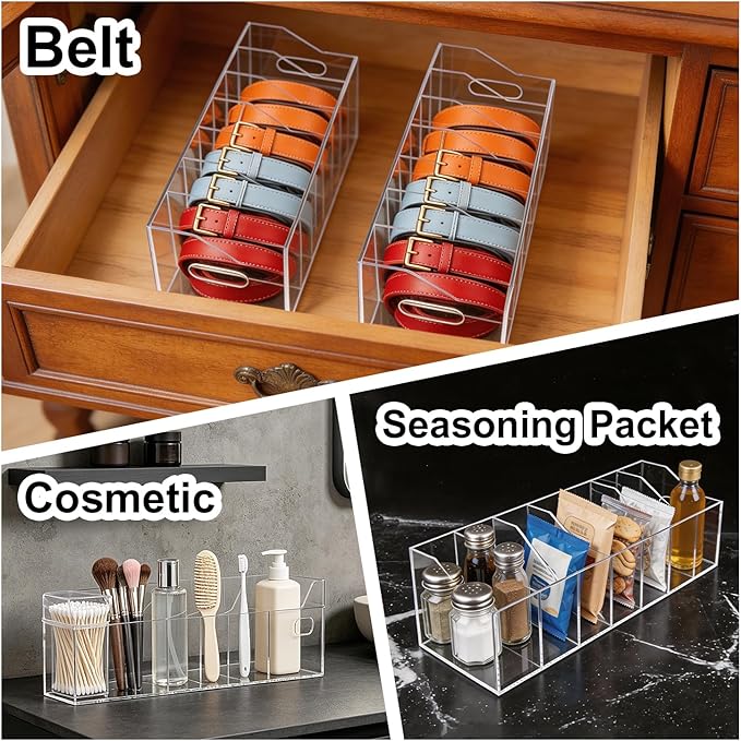 Acrylic Belt Organizer for Closet – 7-Compartment Clear Storage Holder for Belts, Ties, and Bow Ties – Display Case for Shelf or Drawer Organization(Large)