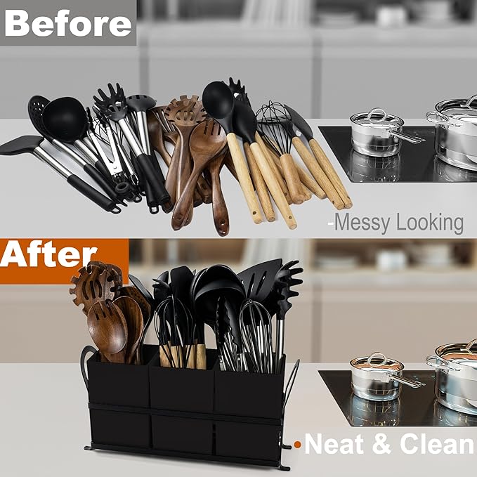Czlizdyt Large Kitchen Utensil Holder, Drainage Utensil Caddy for Countertop, 3pcs Bins Set Cooking Utensil Organizer for Spoons, Spatulas, Black
