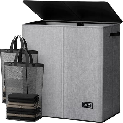 SOLEDI Large Double Laundry Hamper with Lid,165L Collapsible Clothes Hamper 2 section with Removable Bags, Space-Saving Laundry Basket for Bedroom, Dorm, College