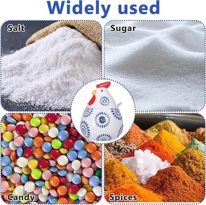 15.8 oz Ceramic Salt Cellar with Lid & Spoon, Large Blue Rooster Design Countertop Storage, Multifunctional Kitchen Jar for Kosher Salt, Pepper, Spices, Herbs, Coffee & More