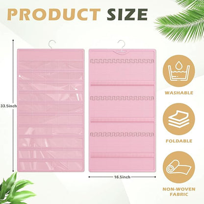 Hanging Jewelry Organizer Storage Roll, Double-Sided Necklaces Holder, 42 Pockets Plus 36 hooks Earrings Organizer Hang in Closet, On Wall, or Doors, Pink