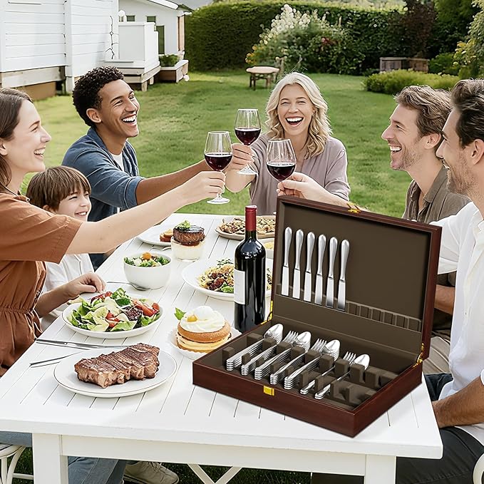 Walnut Wood Silverware Storage Box,Silverware Case Flatware Chest with Felt Lined,Flatware Storage Box for 12 sets of Utensils,Silverware Chest without Silverware,Silverware Organizer with Lid