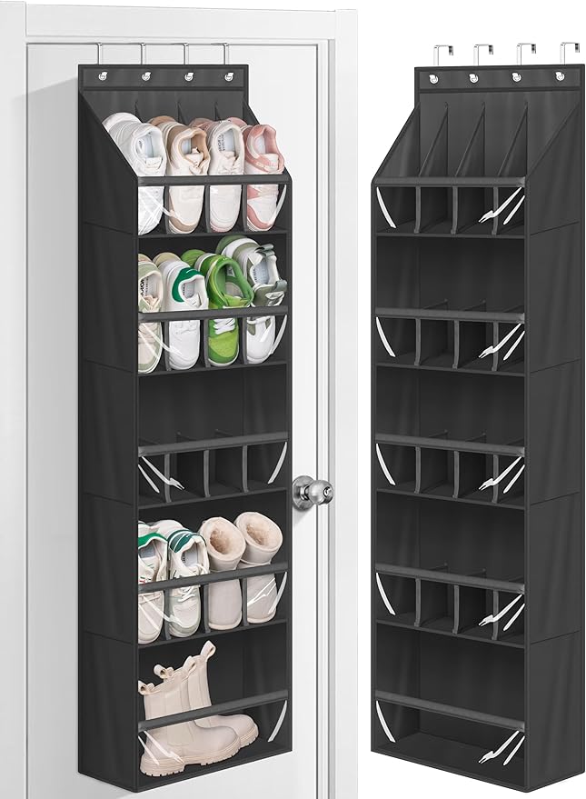 MISSLO 20 Pairs Over the Door Shoe Organizer for Closet Narrow Hanging Shoe Rack for Door Hanger Deep Pocket Door Shoe Holder Storage for Boots, Size 13 Sneakers, Black