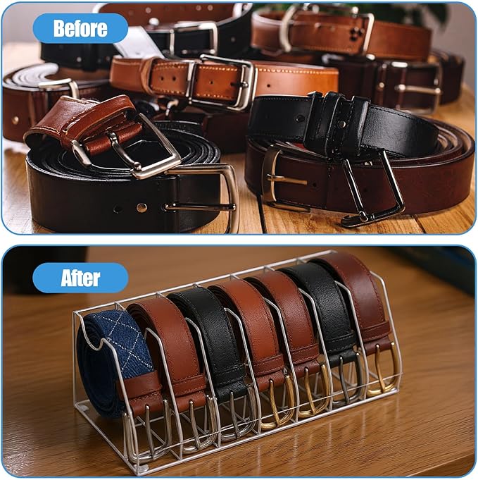Belt Organizer – 7 Compartment Acrylic Storage Case with Anti-Slip Pads, Clear Display Holder for Belts, Ties & Accessories