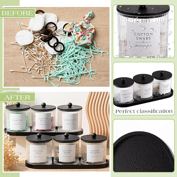 Vesici 6 Pack Bathroom Canisters Ribbed Apothecary Jars with Bamboo Lids 2 Bamboo Trays and 9 Label Stickers Cotton Swabs Holder Bathroom Organizer Storage Set Acrylic 18 oz Dispenser Container(Black)