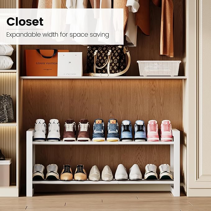 Homeiju Expandable Shoe Rack, 2 Tier Metal Shoe Shelf, Adjustable Shoe Stand for Sneakers, Boots, Heels, Heavy-Duty Steel Standing Shoe Organizer for Entryway, Closet, Bedroom, White