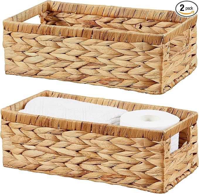 Vagusicc Water Hyacinth Wicker Storage Basket With Handles, Toilet Paper Basket for Tank Top, Small Baskets for Organizing Shelves, 2-Pack