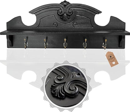 Felt Creative Home Goods Coat Hanger Wall Mount with Shelf Gorgeous 24" Farmhouse Coat Rack with 5 Hooks and Floating Shelf for Entryway, Jackets, Robes, Purses, Keys (Solid Black Pine)