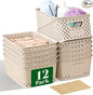 12 Pack Plastic Storage Baskets for Organizing, Storage Baskets for Shelves with Handles, Small Storage Bins with Labels, Organizer Baskets for Cabinet,Closet, Office,Natural