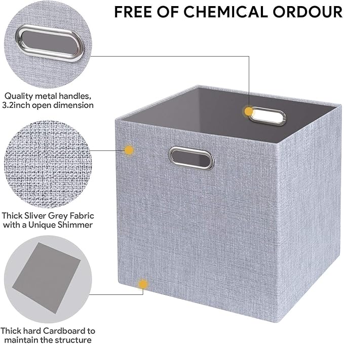 Posprica 11 Inch Cube Storage Bins for Organization, Fabric Storage Cubes Closet Storage Bins for Cube Organizer, Thick and Heavy Duty Storage Baskets for Shelves, 4pcs, Sliver Grey