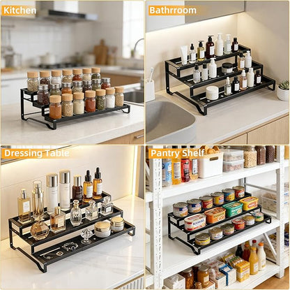 3-Tier Spice Rack Organizer, 13"-21.5" Expandable Spice Organization Shelf, Metal Seasoning Organizer for Kitchen Countertop or Pantry, Slip-Resistant Design for Jars and Bottles, Black